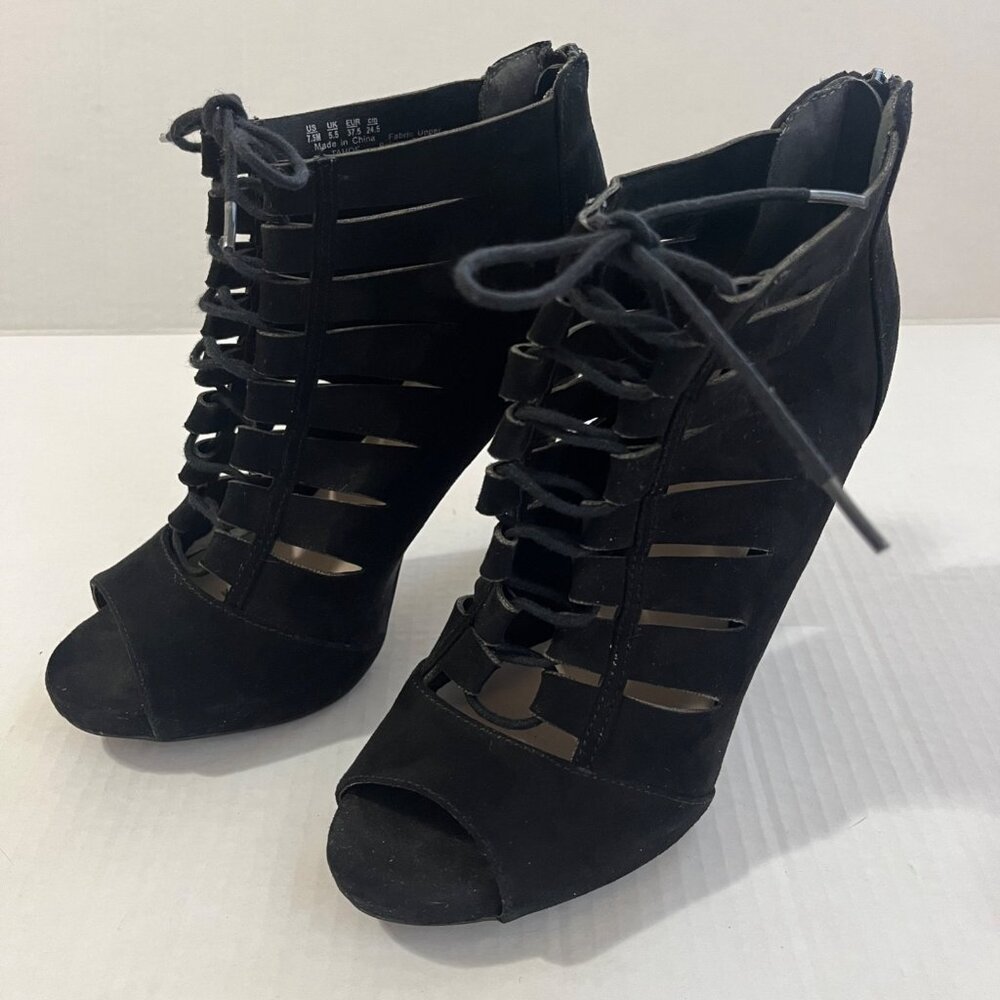 Fergalicious Womens Lace Up Caged Booties 7.5 Black Y2K Peep Toe Clubwear Glam
